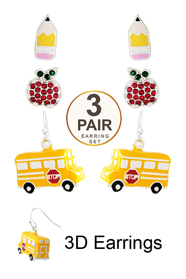 SCHOOL THEME 3 PAIR EARRING SET - SCHOOL BUS