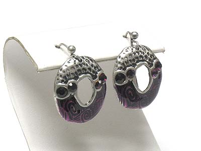 Crystal stud enamel art metal round drop earring