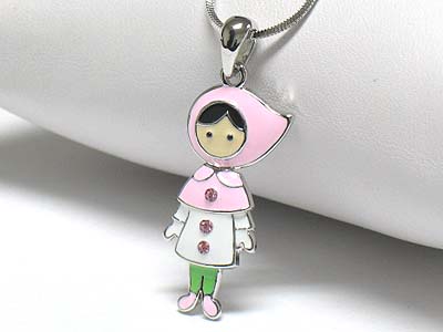 Whitegold palting crystal stud enamel cartoon character necklace -candle girl