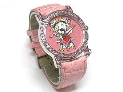 Skull theme crystal frame round face leather band watch