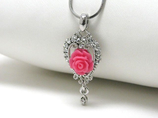 Made in korea whitegold plating crystal stud acryl rose heart pendant necklace