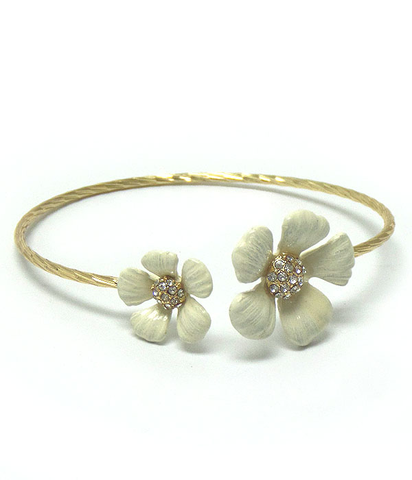 Crystal center double flower wire bangle bracelet