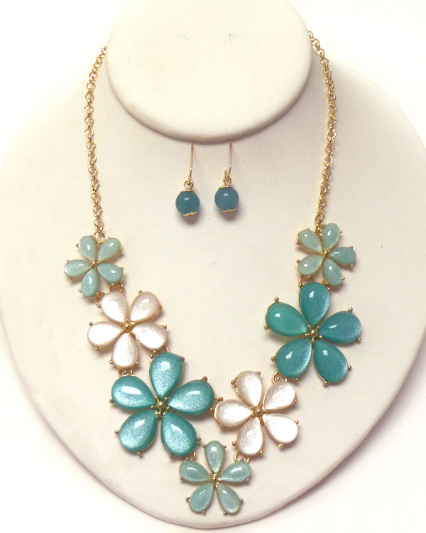 Pearl coat cabochon flower link statement necklace earring set