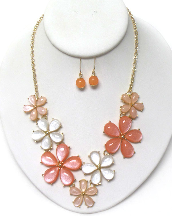 Pearl coat cabochon flower link statement necklace earring set