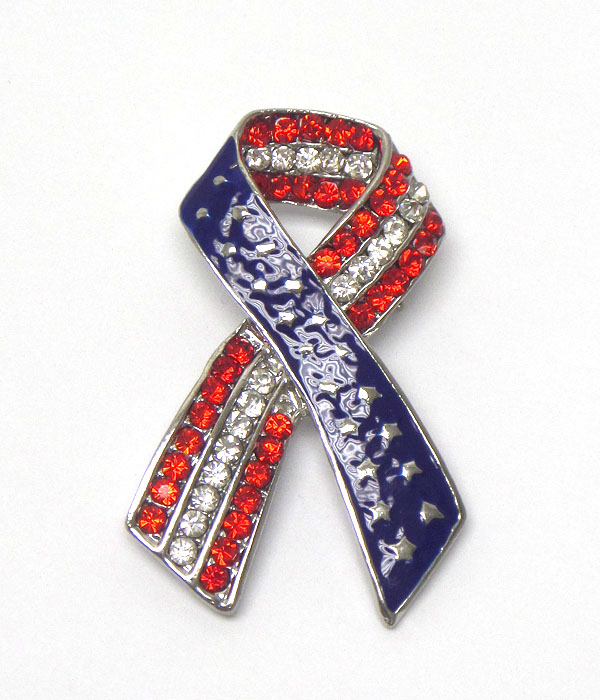 Crystal and epoxy american flag ribbon brooch or pin