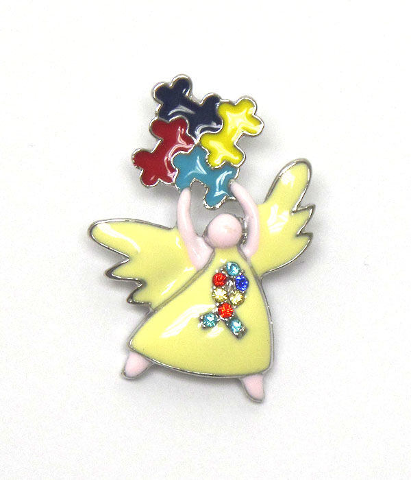 Crysatl and epoxy autism theme angel brooch or pin