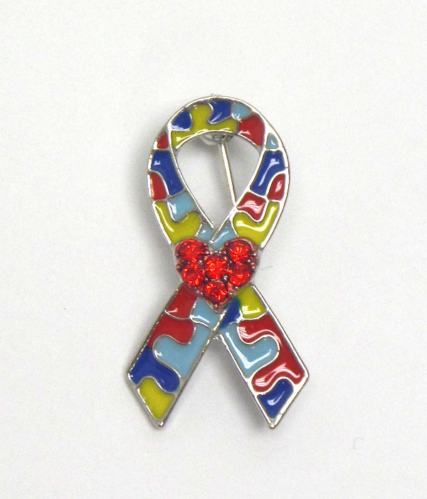 Crystal and epoxy autism theme ribbon brooch or pin