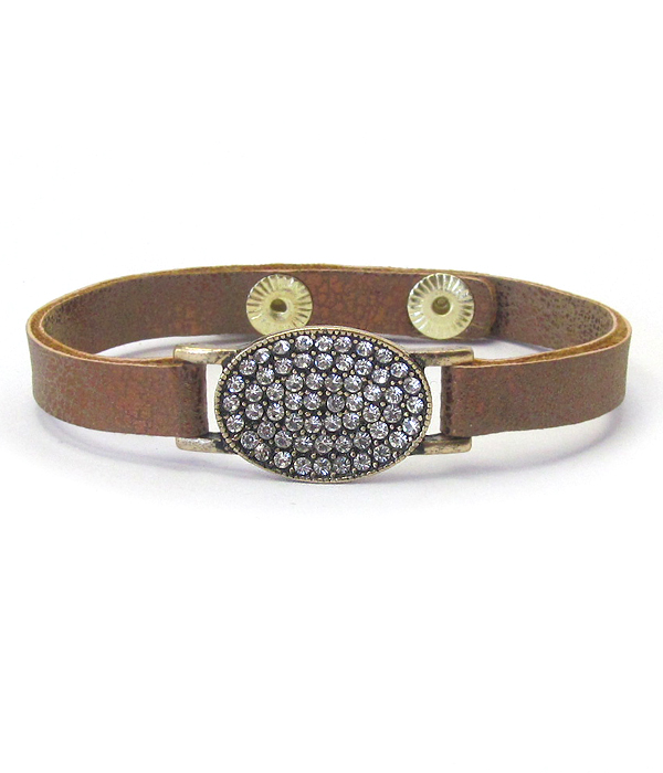 Crystal stud oval pendant and leather band bracelet