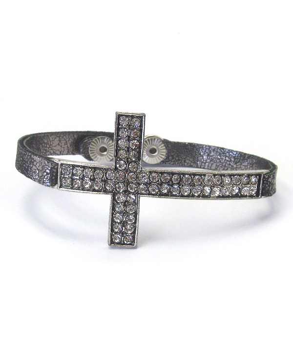 CRYSTAL STUD CROSS AND LEATHER BAND BRACELET