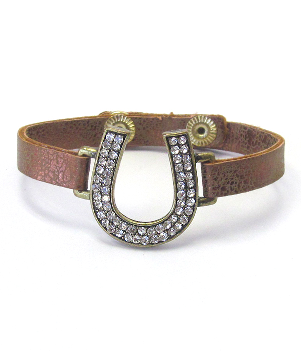 CRYSTAL HORSE SHOE AND LEATHER BAND BRACELET