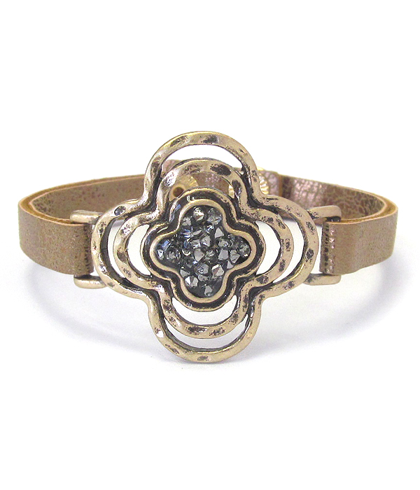 Crystal center quatro foil and leather band bracelet