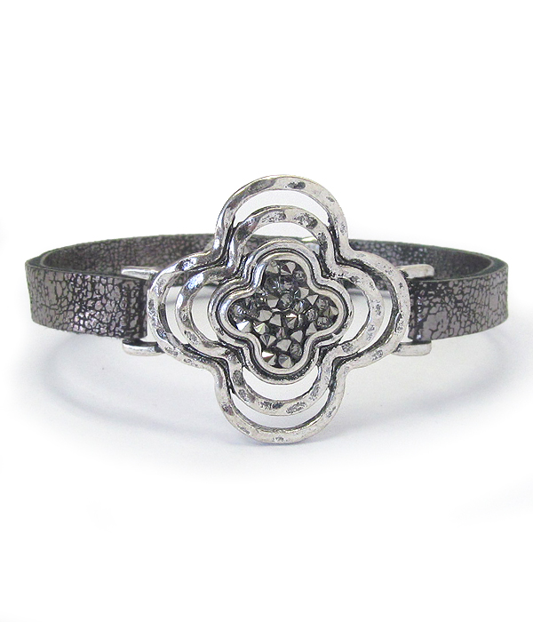 Crystal center quatro foil and leather band bracelet