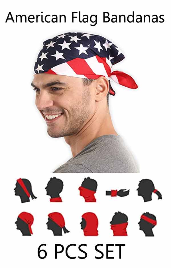 6 PC 100% COTTON AMERICAN FLAG BANDANNA - SCARF, MASK, HEADWRAP