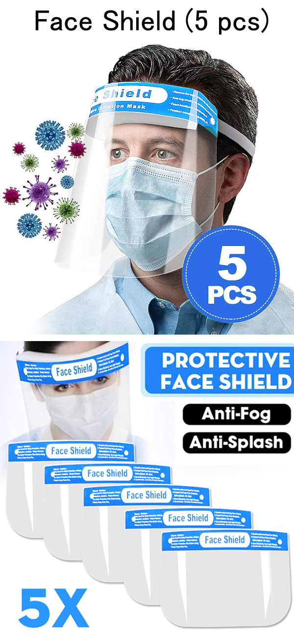 Face shield clear vision visor with comfort sponge band - protect eye and face (5 pc set) unisex