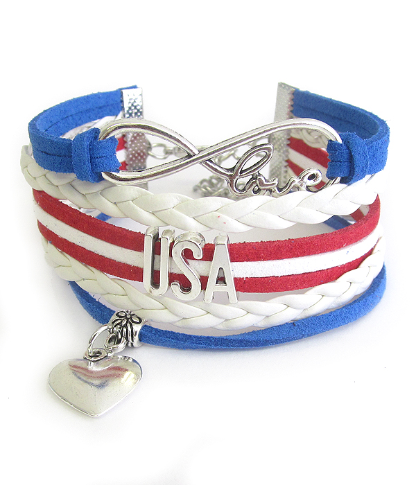 Multi row leatherette wrap bracelet - usa patriotic american flag red blue white