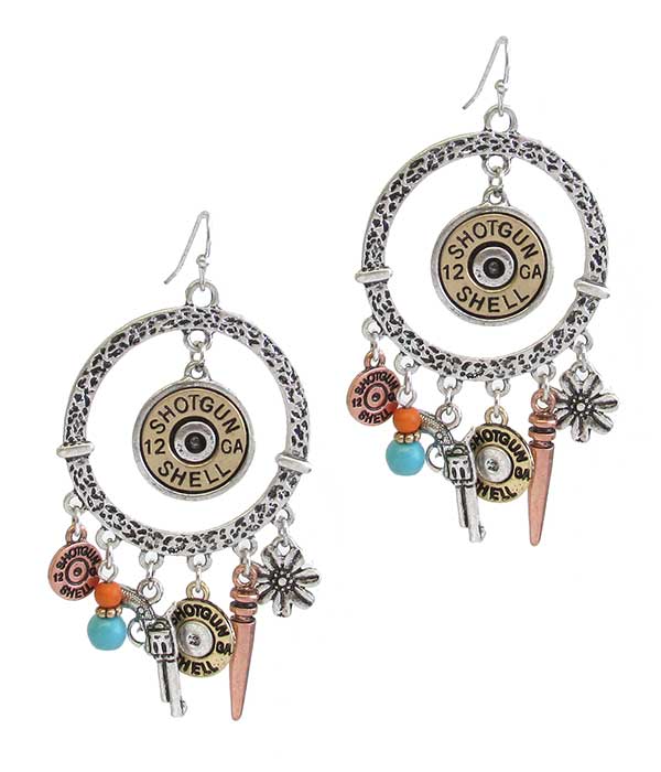 Western theme multi charm hoop drop earring - bullet