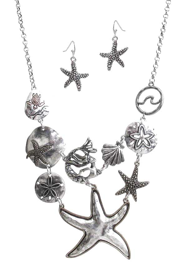 SEALIFE THEME MULTI CHARM LINK CHUNKY STATEMENT NECKLACE SET - STARFISH MERMAID