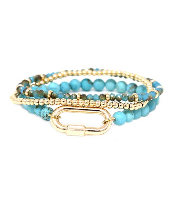 SEMI PRECIOUS STONE AND CARABINER STRETCH BRACELET SET