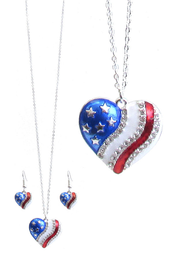 PATRIOTIC AMERICAN FLAG HEART NECKLACE SET