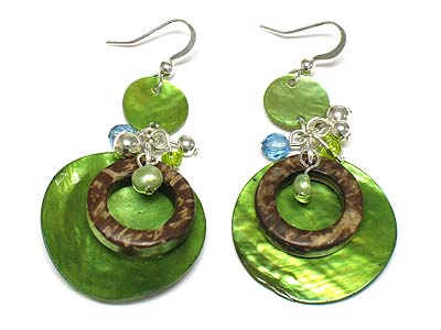 Dual shell disk link and wood donut and small charm deco earring