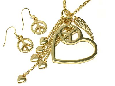 Peace heart pendant with heart and wing charms necklace and earring set