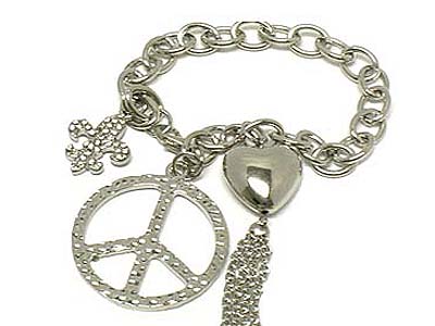 Peace and crystal fleur de lis and heart with multi dangles bracelet 