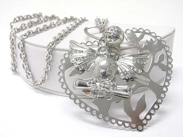 Crystal stud owl in tree pendant long necklace