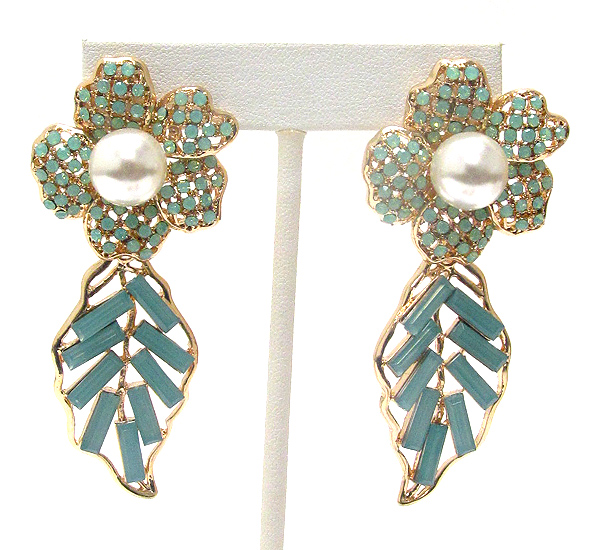 Crystal and center pearl deco flower and leaf drop earring