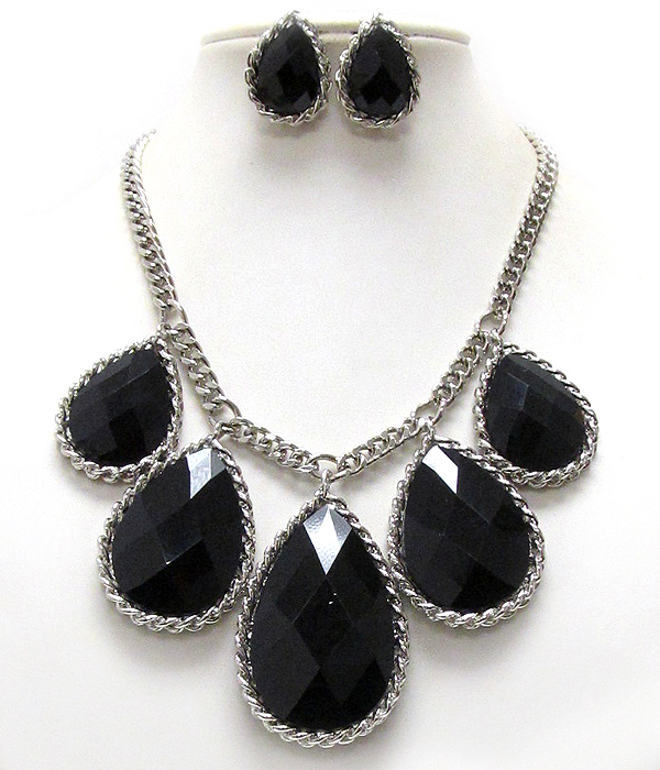Five tear drop glass stone drop chain necklace earring set earring