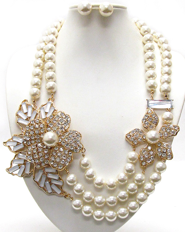Crystal and center pearl deco flower and multi pearl chain corsage luxury necklace earring set