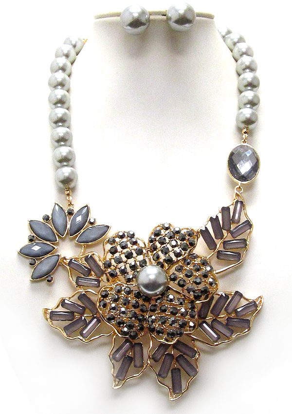 Crystal and pearl deco flower and leaf pendant and pearl chain luxury necklace earring set