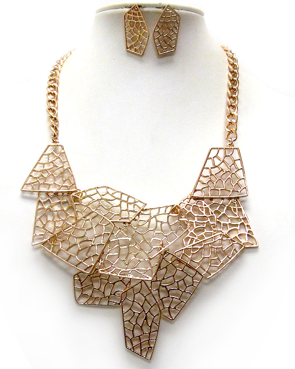 Metal filigree architectural design and metal chain necklace earring set