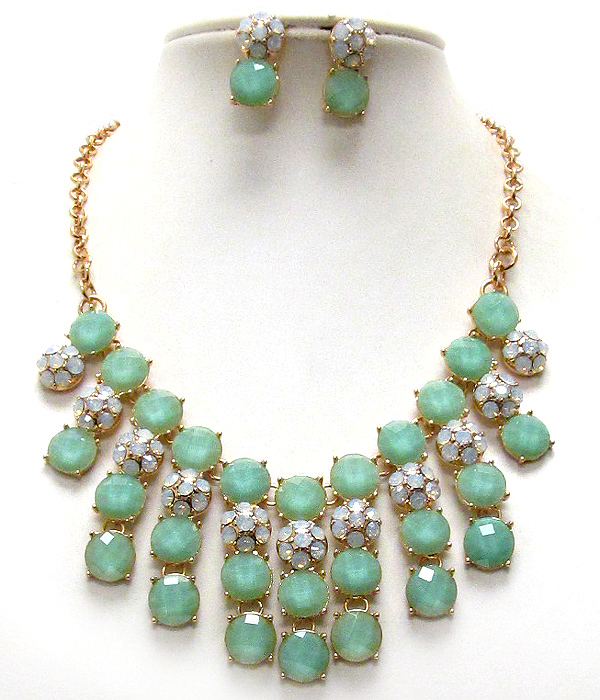 Multi crystal dome and facet acrylic stone link drop necklace earring set