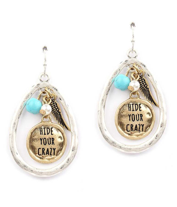 Handmade metal disk and angel wing drop earring - hide your crazy