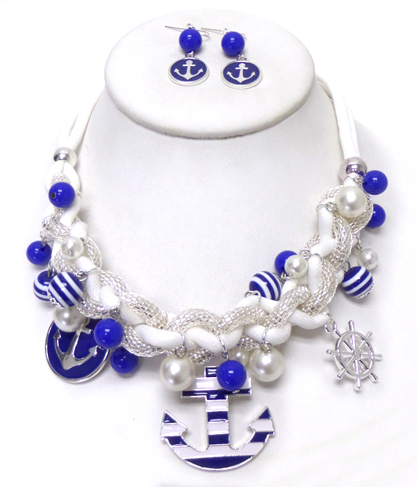 Nautical theme multi anchor charm and chain and cord necklace set