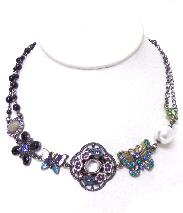 2 layer chain and beads flower necklace set