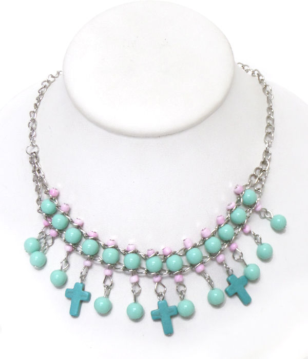 Turquoise ball and cross drop necklace