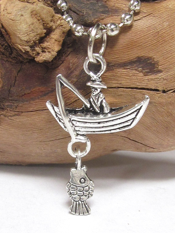 Antique silver fishing theme pendant necklace