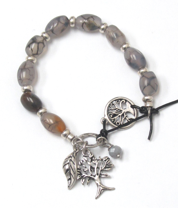 Tree of life charm dangle stone link stretch bracelet