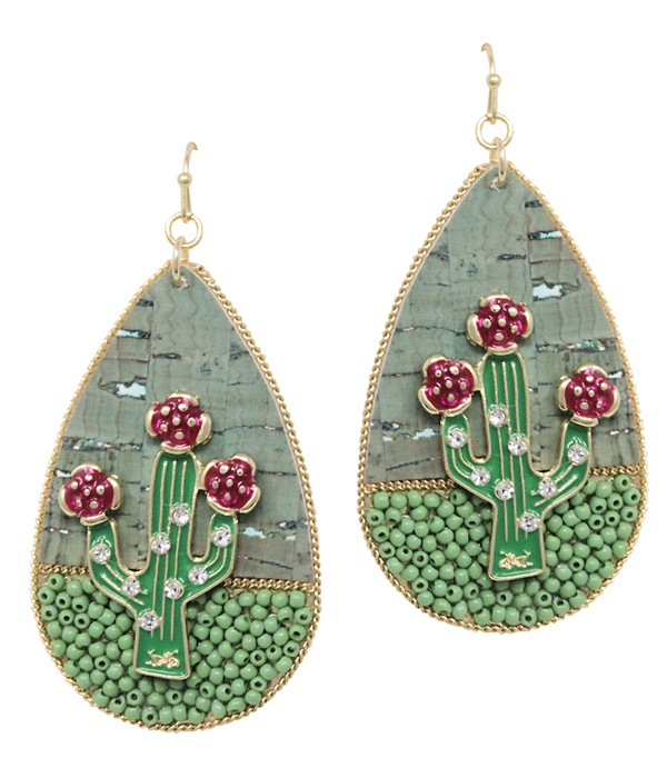 Cactus on cork teardrop earring