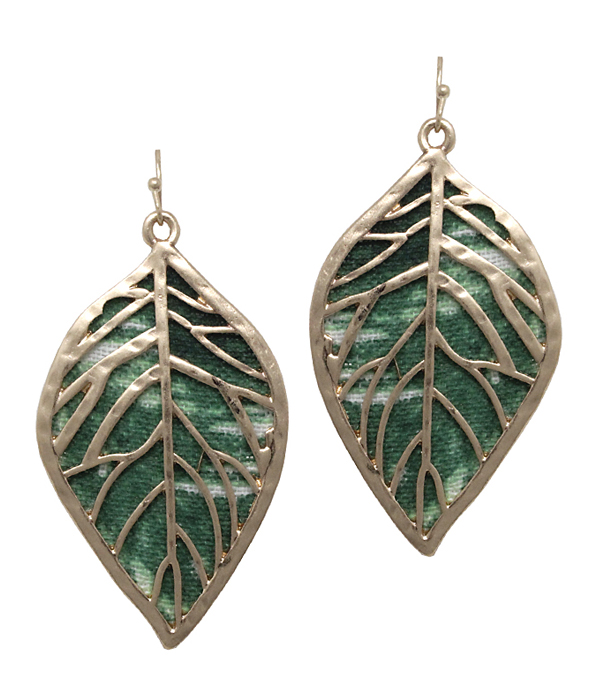 Metal filigree and printed fabric leaf earring