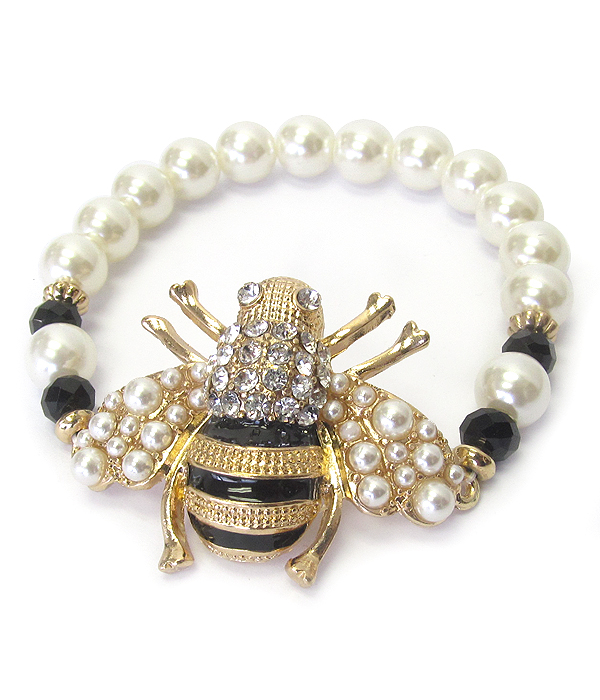 CRYSTAL AND PEARL BEE STRETCH BRACELET