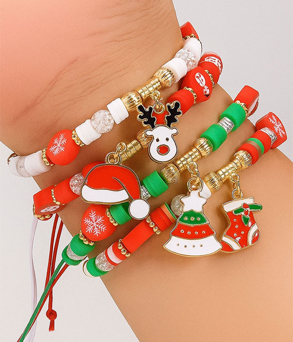 Christmas theme 4 layer pull tie bracelet set - reindeer tree
