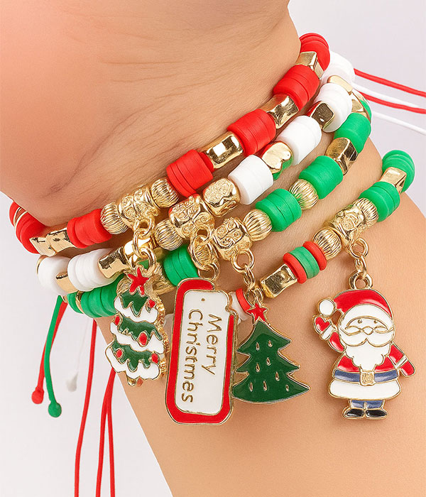 Christmas theme 4 layer pull tie bracelet set - santa tree