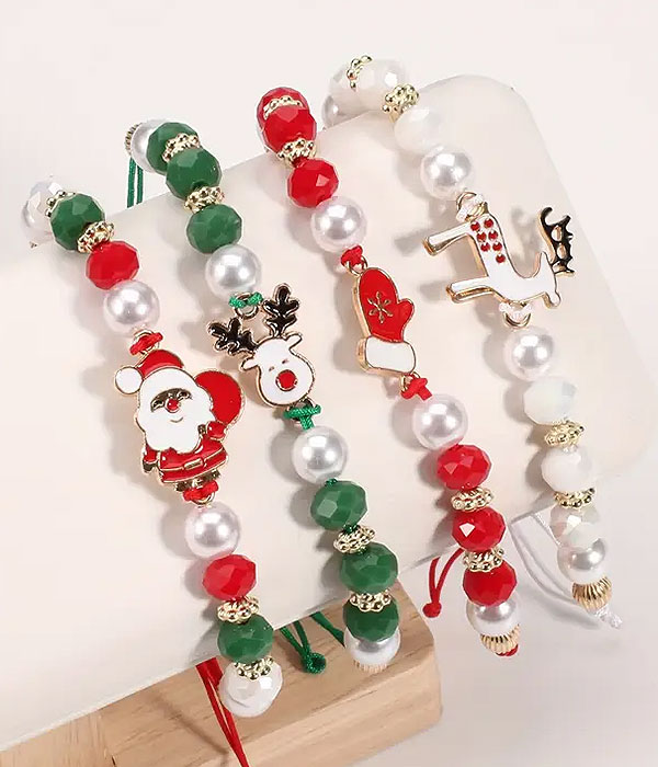 Christmas theme 4 layer pull tie bracelet set - santa reindeer