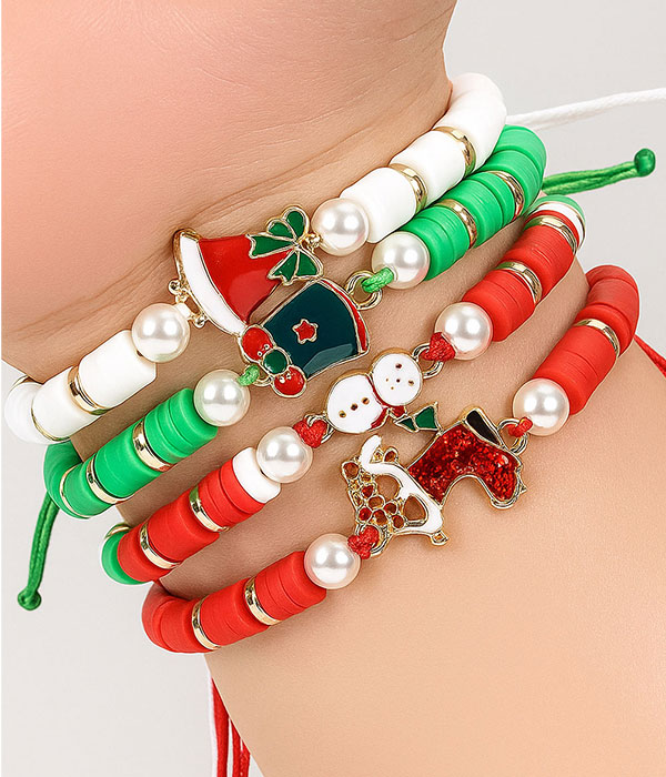 Christmas theme 4 layer pull tie bracelet set - snowman