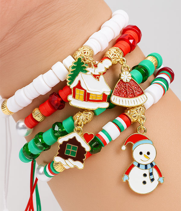 Christmas theme 4 layer pull tie bracelet set - snowman house