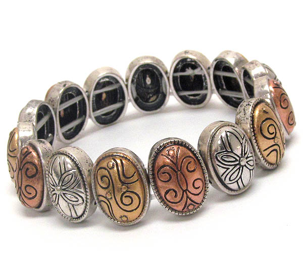 Metal casting tritone metal oval disk link stretch bracelet