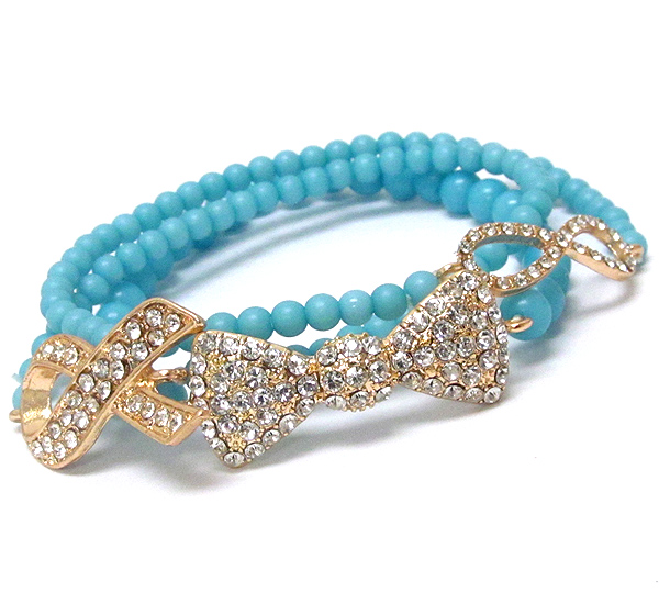 Crystal multi ribbon theme stretch bracelet - set of 3