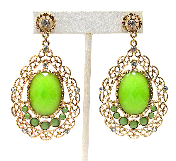 Facet acrylic stone and metal filigree dangle earring